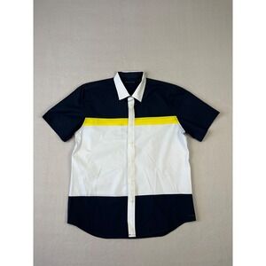 Sean John Button Up Shirt Mens L Blue Yellow White Color Block Short Sleeve